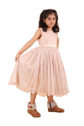 Calyx Clothing Girls Peach Star Print Net Party Gown | Sleeveless Flared Birthday Dress | Flower Detail Fancy Long Frock