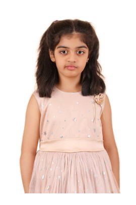 Calyx Clothing Girls Peach Star Print Net Party Gown | Sleeveless Flared Birthday Dress | Flower Detail Fancy Long Frock