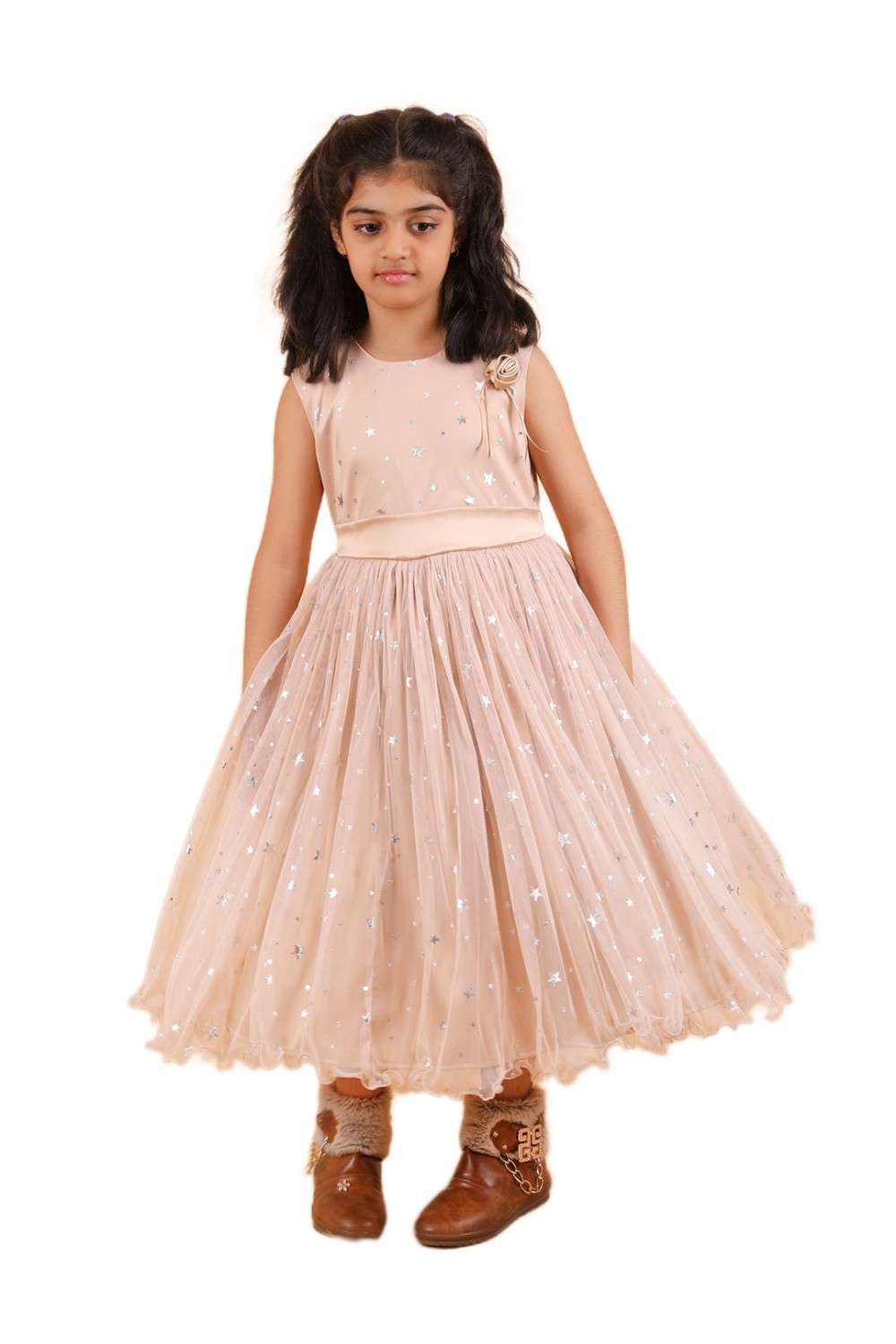 Calyx Clothing Girls Peach Star Print Net Party Gown | Sleeveless Flared Birthday Dress | Flower Detail Fancy Long Frock