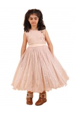 Calyx Clothing Girls Peach Star Print Net Party Gown | Sleeveless Flared Birthday Dress | Flower Detail Fancy Long Frock