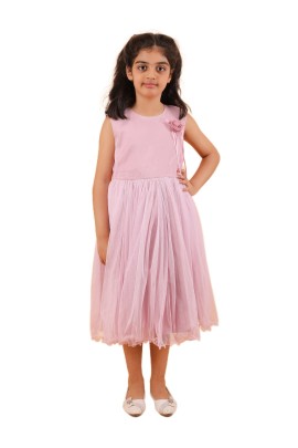 Calyx Clothing Girls Pink Embllished Party Gown | Sleeveless Flared Birthday Dress | Flower Detail Fancy Long Frock