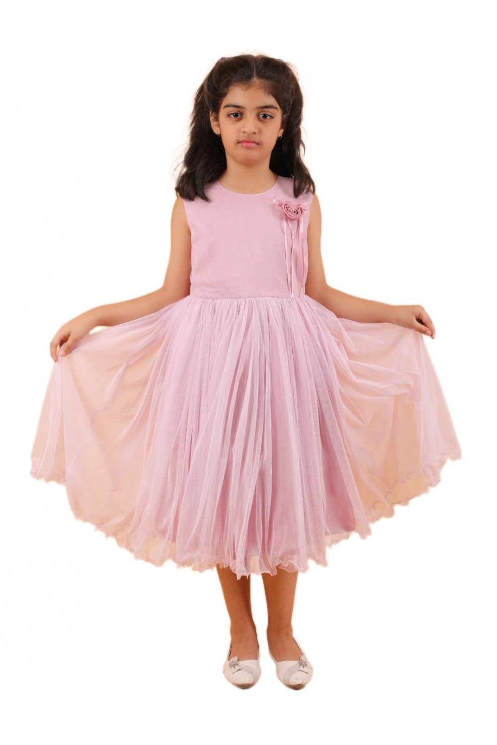 Calyx Clothing Girls Pink Embllished Party Gown | Sleeveless Flared Birthday Dress | Flower Detail Fancy Long Frock
