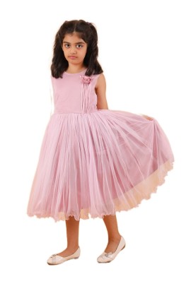 Calyx Clothing Girls Pink Embllished Party Gown | Sleeveless Flared Birthday Dress | Flower Detail Fancy Long Frock