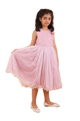 Calyx Clothing Girls Pink Embllished Party Gown | Sleeveless Flared Birthday Dress | Flower Detail Fancy Long Frock
