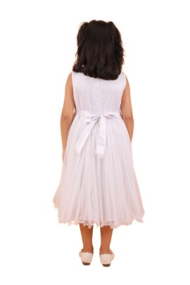 Calyx Clothing Girls White Embllished Party Gown | Sleeveless Flared Birthday Dress | Flower Detail Fancy Long Frock