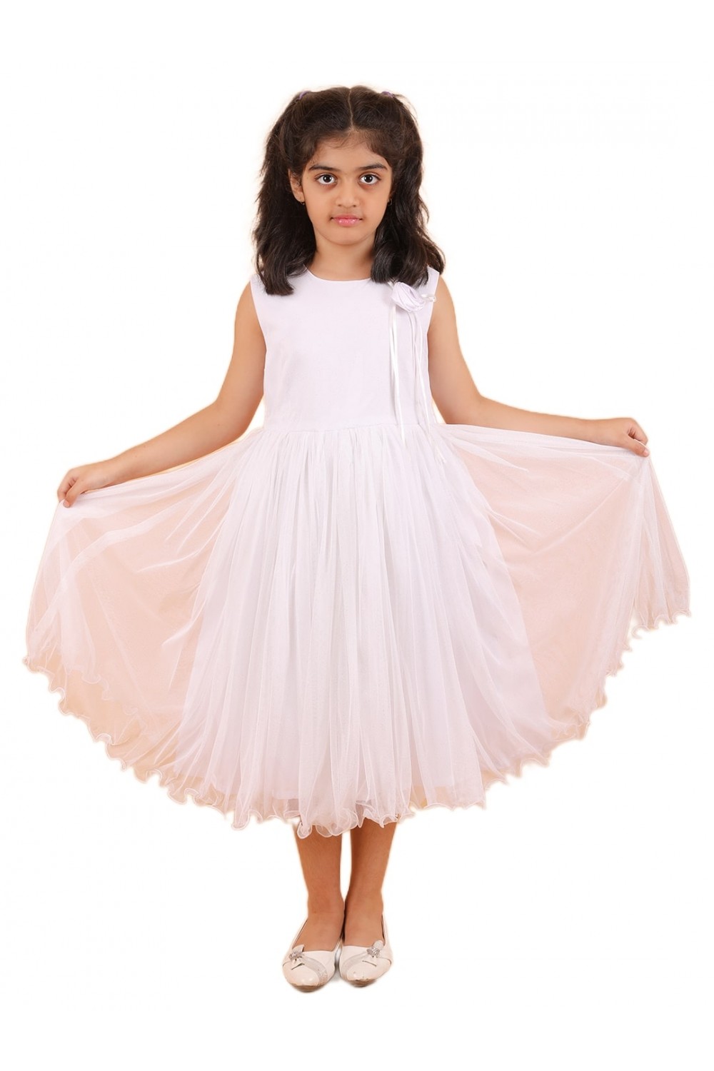 Calyx Clothing Girls White Embllished Party Gown | Sleeveless Flared Birthday Dress | Flower Detail Fancy Long Frock