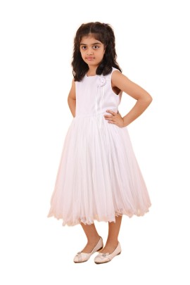 Calyx Clothing Girls White Embllished Party Gown | Sleeveless Flared Birthday Dress | Flower Detail Fancy Long Frock