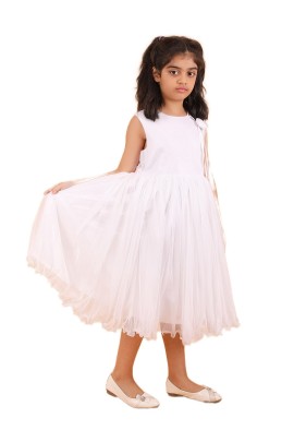 Calyx Clothing Girls White Embllished Party Gown | Sleeveless Flared Birthday Dress | Flower Detail Fancy Long Frock