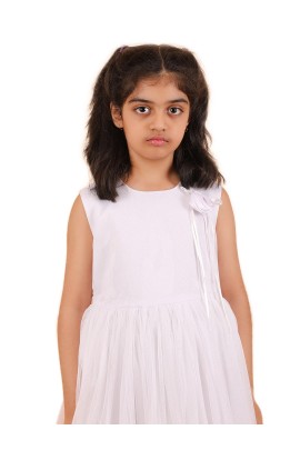 Calyx Clothing Girls White Embllished Party Gown | Sleeveless Flared Birthday Dress | Flower Detail Fancy Long Frock