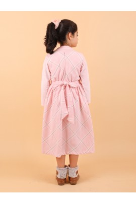 CALYX CLOTHING Pink Full-Sleeved, Knee-Length or midi-Length Dress with a Checkered Pattern and a Round Neck
