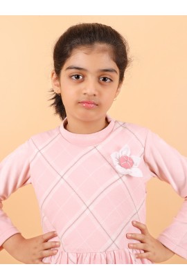 CALYX CLOTHING Pink Full-Sleeved, Knee-Length or midi-Length Dress with a Checkered Pattern and a Round Neck