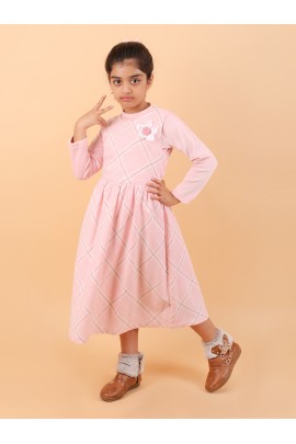 CALYX CLOTHING Pink Full-Sleeved, Knee-Length or midi-Length Dress with a Checkered Pattern and a Round Neck