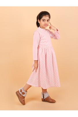 CALYX CLOTHING Pink Full-Sleeved, Knee-Length or midi-Length Dress with a Checkered Pattern and a Round Neck