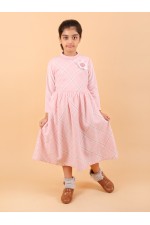 CALYX CLOTHING Pink Full-Sleeved, Knee-Length or midi-Length Dress with a Checkered Pattern and a Round Neck