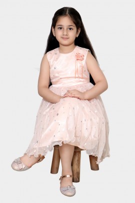 Girl star pich print party wear twill check dresses / tunic / frock / dresses