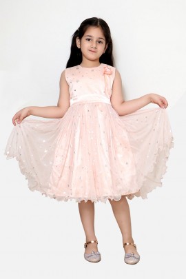Girl star pich print party wear twill check dresses / tunic / frock / dresses
